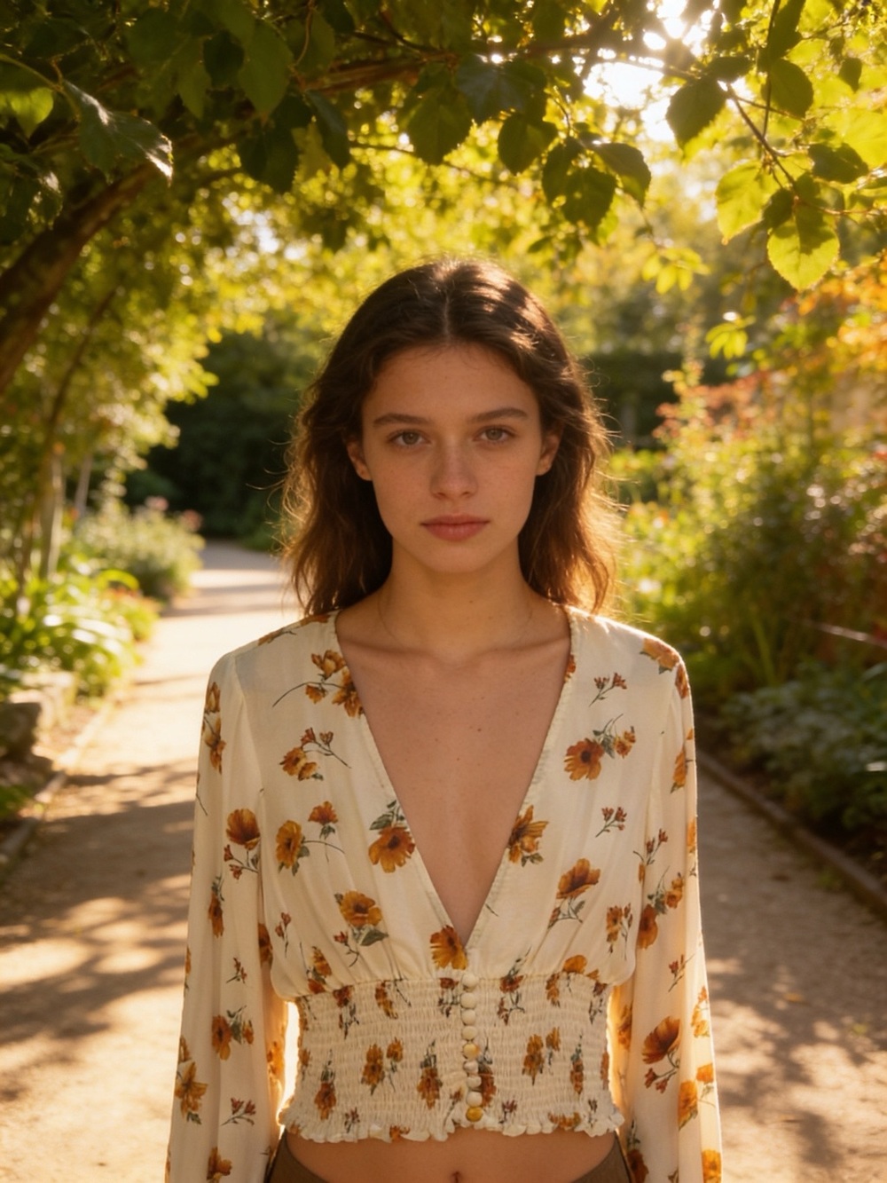 Forever 21 Cream Floral Long-Sleeve Smocked Crop Top